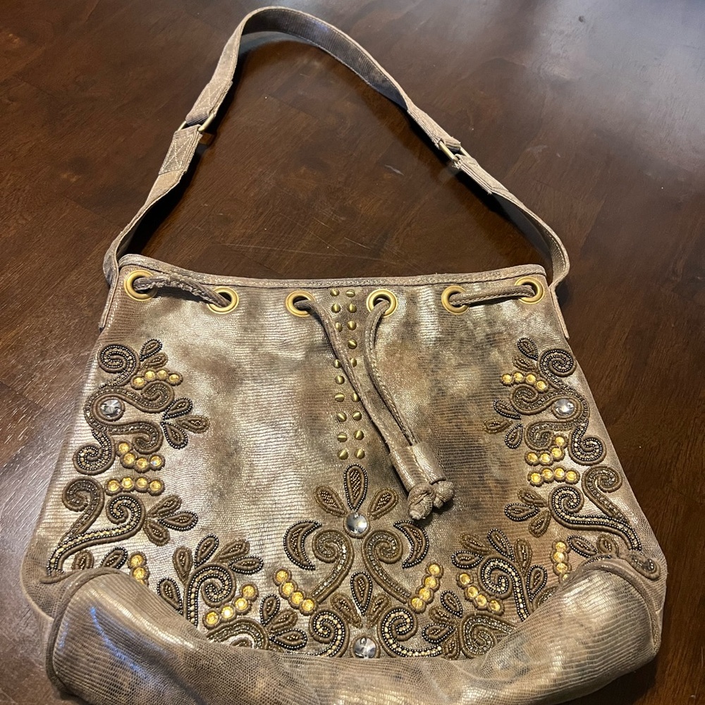 Mary Frances Metallic Gold Embellished Shoulder Bag